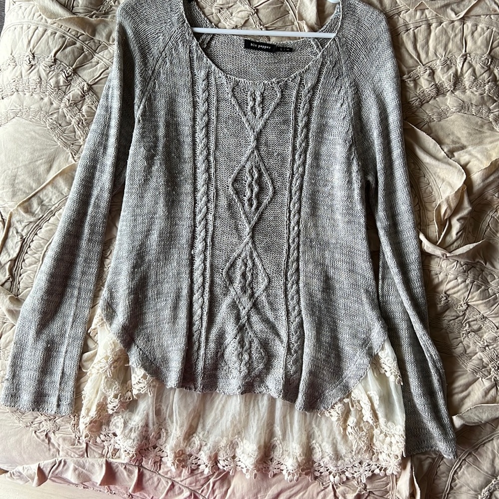 Boutique lace bottom knit sweater